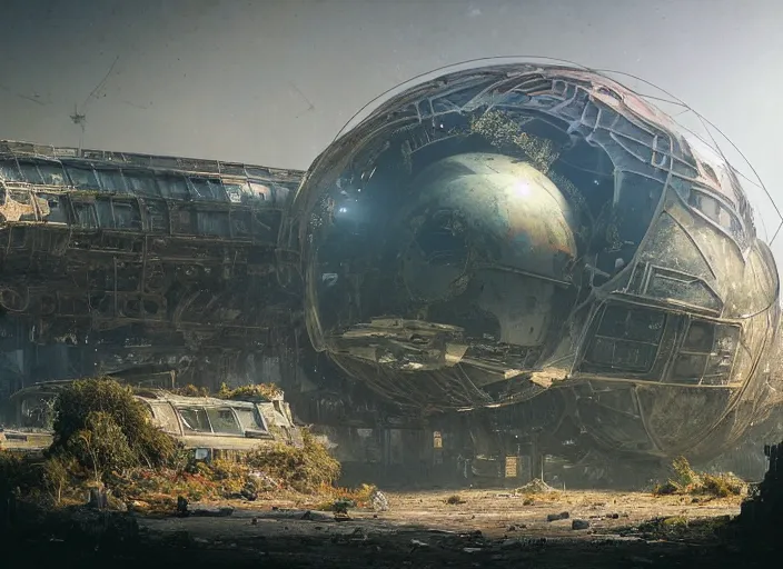 Image similar to highly detailed digital matte painting of a beautiful abandoned, overgrown, damaged crashed spaceship, by Raphael LaCoste and Ruan Jia and Robert McCall, postcyberpunk, geodesic dome, hyperdetailed, sunrise, wide shot, autochrome, octane render