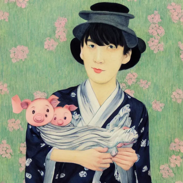 Image similar to tall emo female artist holding small portraits and piglet on a train, wearing a kimono, on yamanote line in japan, tokyo station, summer, sweat, ice coffee, pigs, octopus, acrylic on canvas, surrealist, by magritte and monet