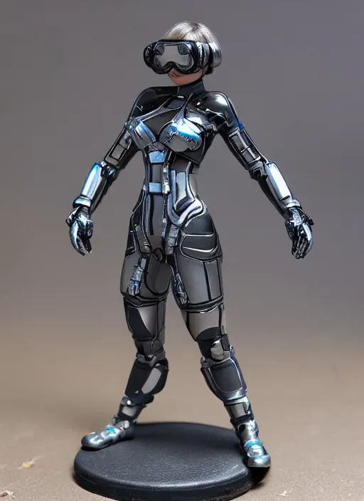 Prompt: 80mm resin detailed miniature of a beautiful lady, detailed high-tech armor, futuristic, cyber goggles, pods, Product Introduction Photos, 4K, Full body