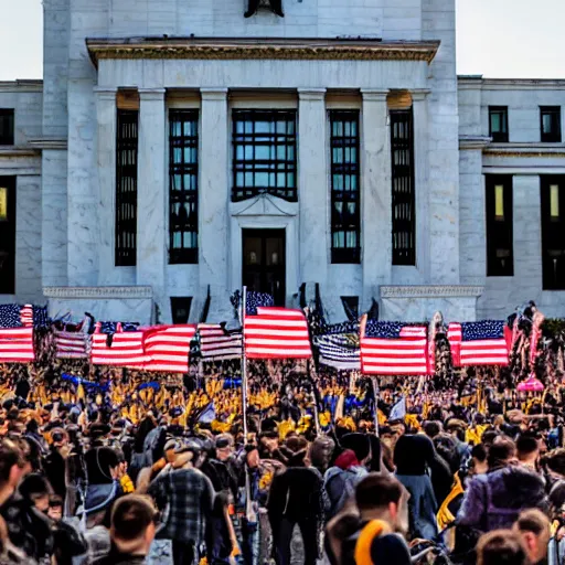 Image similar to 4 k hdr sony a 7 wide angle photo of soldiers waving hundreds of bitcoin flags at a protest of thousands of people surrounding federal reserve building with us dollars burning in a pile and flying everywhere