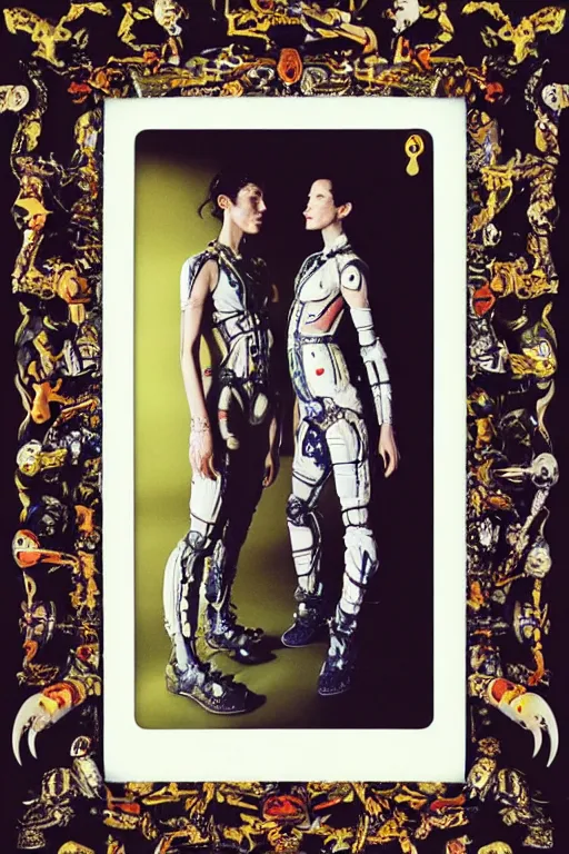 Prompt: polaroid still symmetry frame from Alien Covenant movie by Takashi Murakami, from Pan's Labyrinth (2006) by James Stokoe, viking king and queen, dressed by Salvatore Ferragamo and by Chanel, haute couture painted by Peter Paul Rubens and by John Baeder, editorial fashion photography from vogue magazine, in coral stalagmite by Jean-Michel Basquiat