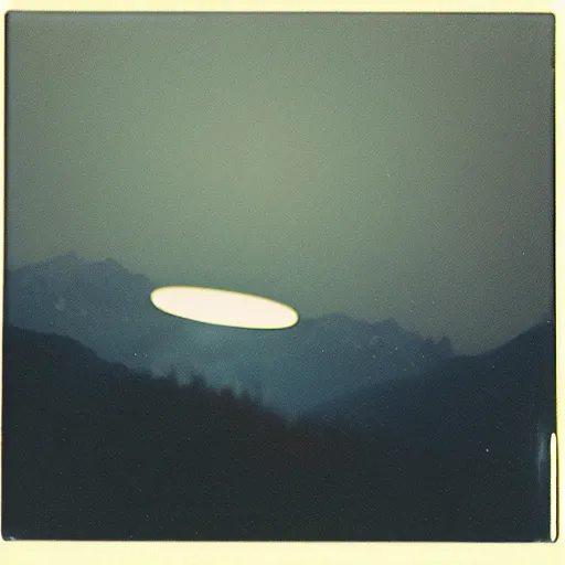 Prompt: a ufo flying over a distant mountain at night, historical photo, old polaroid, expired film,