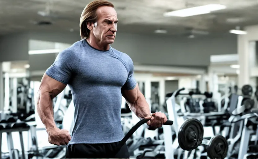 Image similar to muscular Saul Goodman working out, movie still, photorealistic