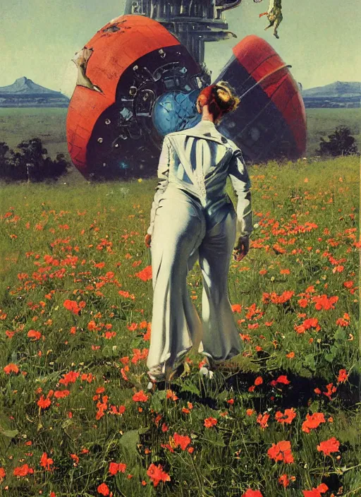 Image similar to tall elegant woman wearing a latex spacesuit standing in flowery martian meadow, by norman rockwell, jack kirby, jon berkey, earle bergey, craig mullins, ruan jia, jeremy mann, tom lovell, marvel, astounding stories, 5 0 s pulp illustration, scifi, fantasy