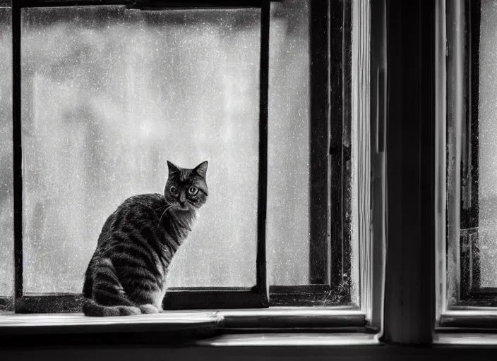 Image similar to photography of a Cat . watching outside the window while it rains. on a bed. in a 70's room full of vinyls and posters, photorealistic, raining award winning photo, 100mm, sharp, high res