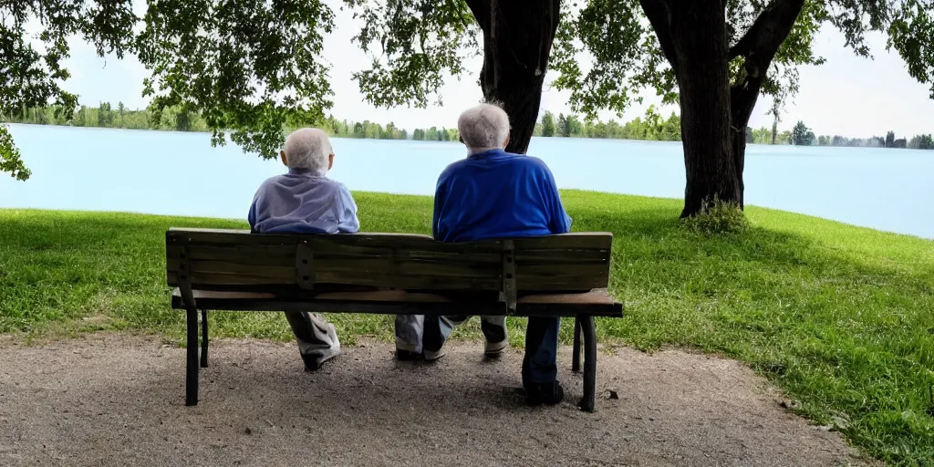 Prompt: an old therapist and his patient sitting on a bench beside a lake