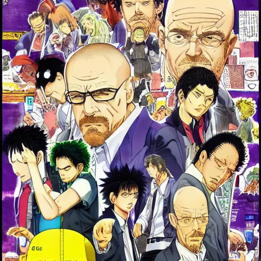Prompt: Breaking Bad, manga cover illustration by Hirohiko Araki, Takeuchi Takashi, Pochi Iida, Masashi Kishimoto, Junichi Oda, Jojo, Shonen Jump, detailed HD, trending on mangakalot