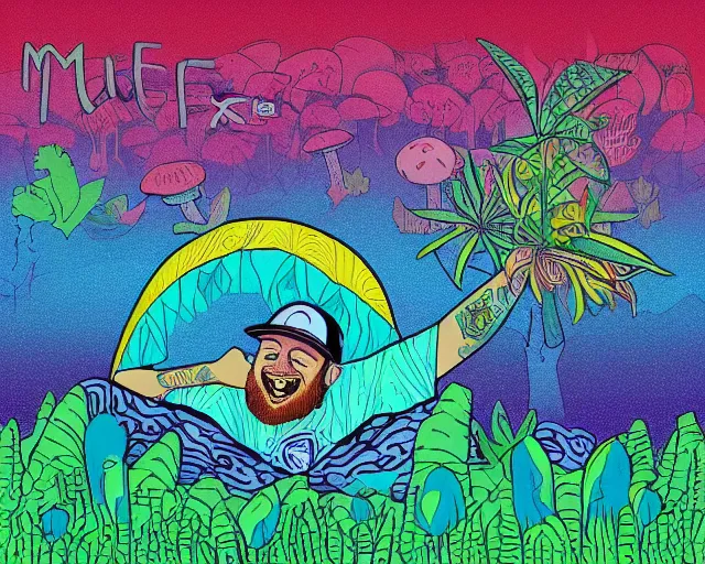 Image similar to mac miller, mushroom trip, art style by john keebs lee, pittsburgh, blue slide park, good vibes, peace, love, 4 2 0, don't trip, swimming in circles, highly detailed