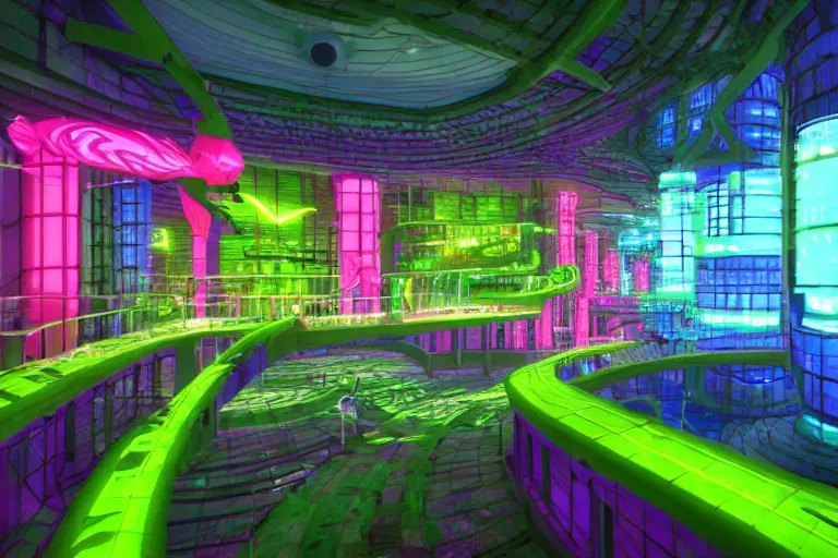 Prompt: dystopian neon fish factory