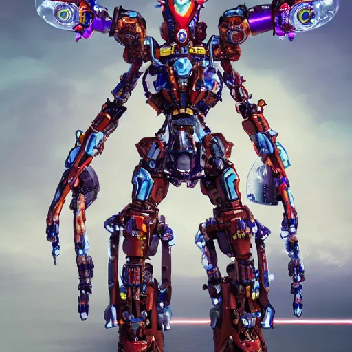 Prompt: spirit shaman power suit mecha. mobile combat suit artillery rococo robot, evangelion, droids, zoids, cyberpunk mechanoid, hyperdetailed illustration by irakli nadar, alexandre ferra, faberge, coral headdress, radiant light, detailed and intricate environment