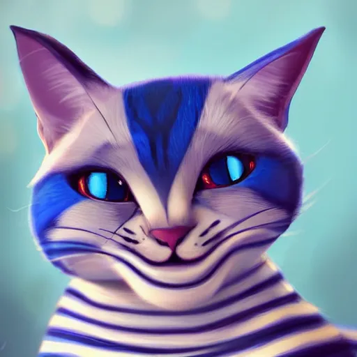 Image similar to cute blue striped cat of cheshire from alice in wonderland. an adorable cat with light blue stripes and a big playful human - like smile. award - winning digital art, trending on artstation