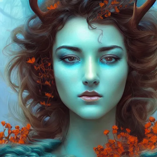 Image similar to beautiful digital painting of a beautiful woman with teal skin and antlers made of wood on her head, brown curly hair with orange oak leaves, D&D, fantasy, intricate, beautiful eyes, cinematic lighting, highly detailed, digital painting, Artstation, concept art, smooth, sharp focus, illustration, art by Artgerm and Greg Rutkowski and Alphonse Mucha