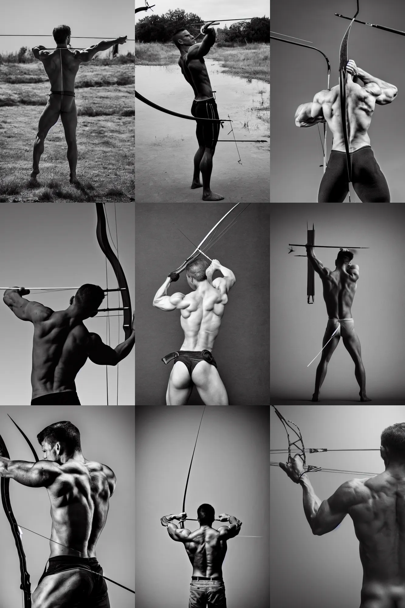 Prompt: a muscular male figure shooting a bow and arrow, black and white photography from the back, 8 k,