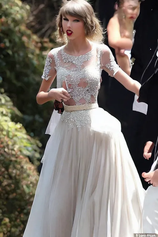 Image similar to waist - up photo of taylor swift in a beautiful wedding dress, focus on face and facial details