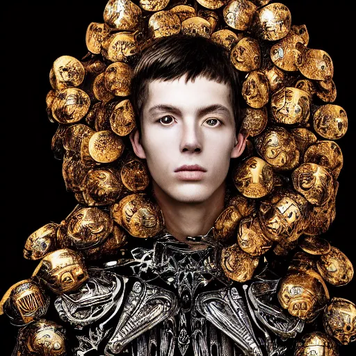 Prompt: a portrait of a beautiful young male wearing an alexander mcqueen armor made of beatles , photographed by andrew thomas huang, artistic