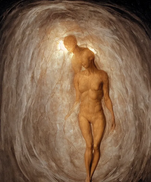 Image similar to Beautiful full-body wax sculpture of a glowing transparent woman inside egg with melted white wax in the singularity where stars becoming baroque folds of dark matter by Michelangelo da Caravaggio, Nicola Samori, William Blake, Alex Grey and Beksinski, dramatic volumetric lighting, highly detailed oil painting, 8k, masterpiece