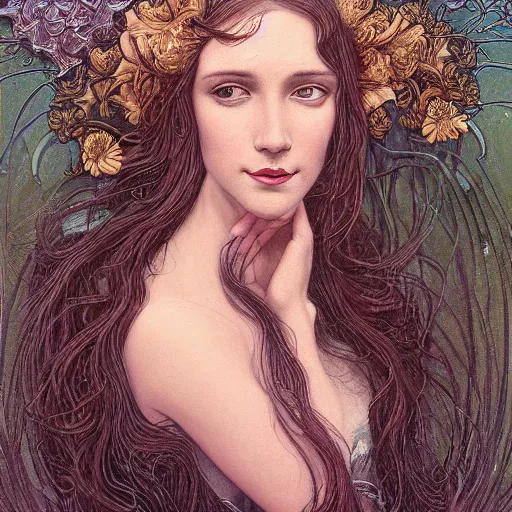 Image similar to facial portrait of a young pretty woman in flowing dress, arrogant, mysterious, long fine flowing hair, delicate, looking at camera, slightly awkward smile, realistic face, hands behind back, intricate, stylish, elegant, grimdark fantasy, flowers, art nouveau, extremely detailed painting inspired by Gerald Brom and Ernst Haeckel and Kaluta