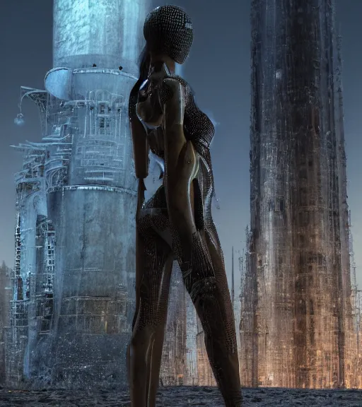 Image similar to tarkovsky greatest scene, the ancient destroyed majestic tower of babylon, woman in futuristic cyber clothing, transparent puffer jacket, hyper realistic, blockchain, cyber world, ambient lighting, concept art, intricate, hyper detailed, smooth, dynamic volumetric lighting, octane, ray trace, cinematic, high quality, high resolution, 4 k, cgsociety