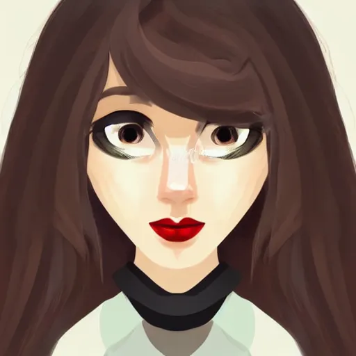 Image similar to a cartoon illustration portrait of a beautiful cute girl with wavy black red hair, a pointy nose and, round chin black eyeliner, trending on artstation