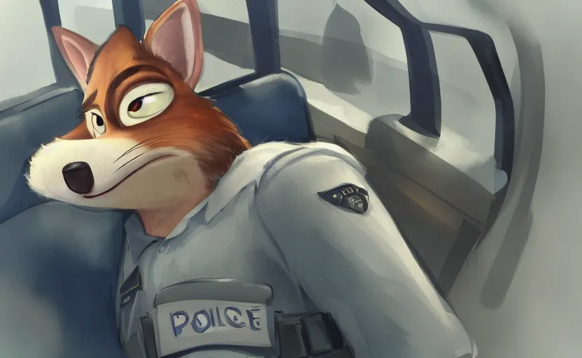 Image similar to a dressed in the police uniform anthropomorphic furry sleeping on duty in the police car, artstation hq, stylized, symmetry, modeled lighting, expressive, studio photo refined, highly detailed, hyper realistic, furry, sense of awe, zootopia style