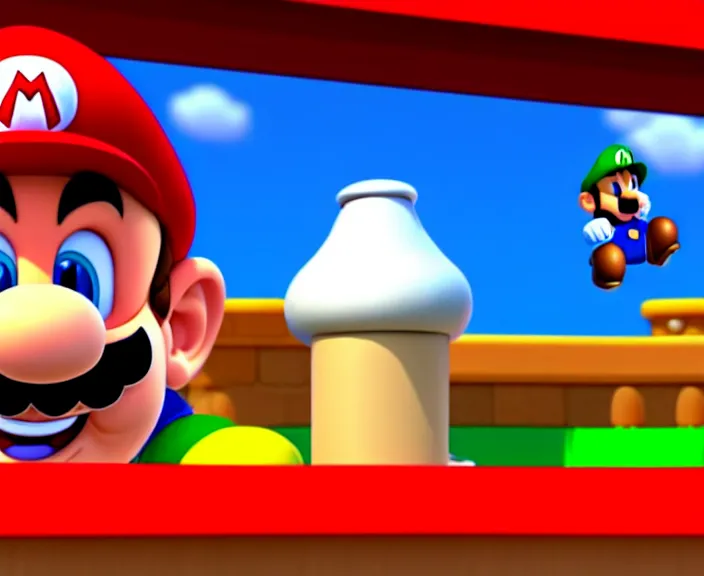 Prompt: still from a 3 d cartoon of ( ( super mario standing behind a podium!!! in the mushroom kingdom at a heated political rally, political!!!! ) ), 4 k, official screenshot, close - up