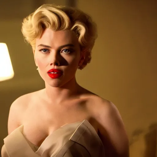 Image similar to stunning awe inspiring scarlett johansen as marilyn monroe, movie still 8 k hdr atmospheric lighting