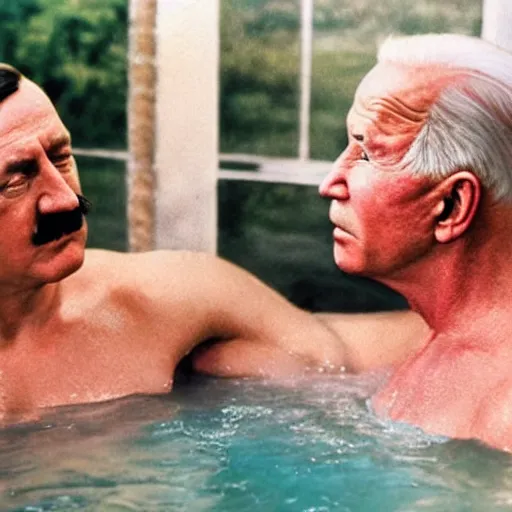 Prompt: UHD candid color photo of Hitler and Joe Biden in a hot tub, accurate faces, UHD, photorealistic, correct face, photo by Annie Leibowitz