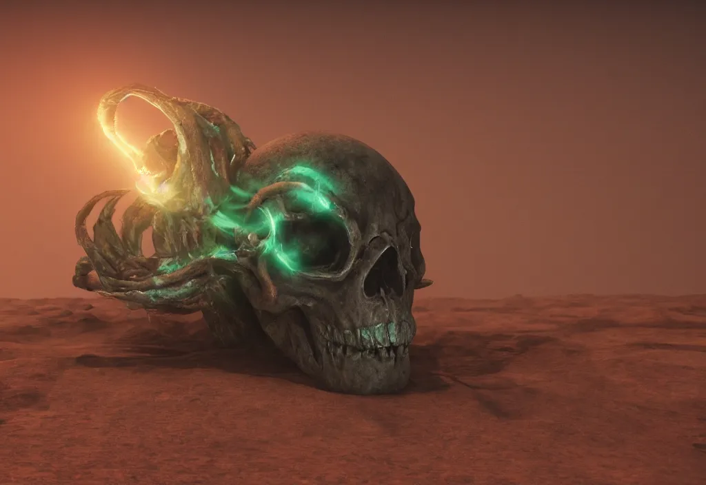 Prompt: eldritch alien skull in a dessert in mars, cinematic lighting, octane tender, volumetric light, dark - art