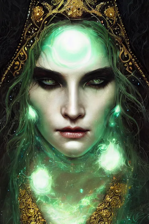 Image similar to a close - up portrait of a hauntingly beautiful sorceress wearing a black robe with gold embroidery, casting a spell, green glows, painted by artgerm and tom bagshaw, highly detailed digital art