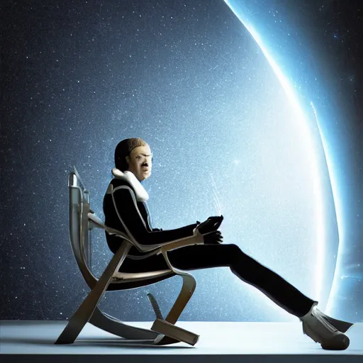 Image similar to Using photorealism draw a futuristic space cowboy sitting on a chair in a door that leads to the universe, mind blowing, blender, Hyper realism