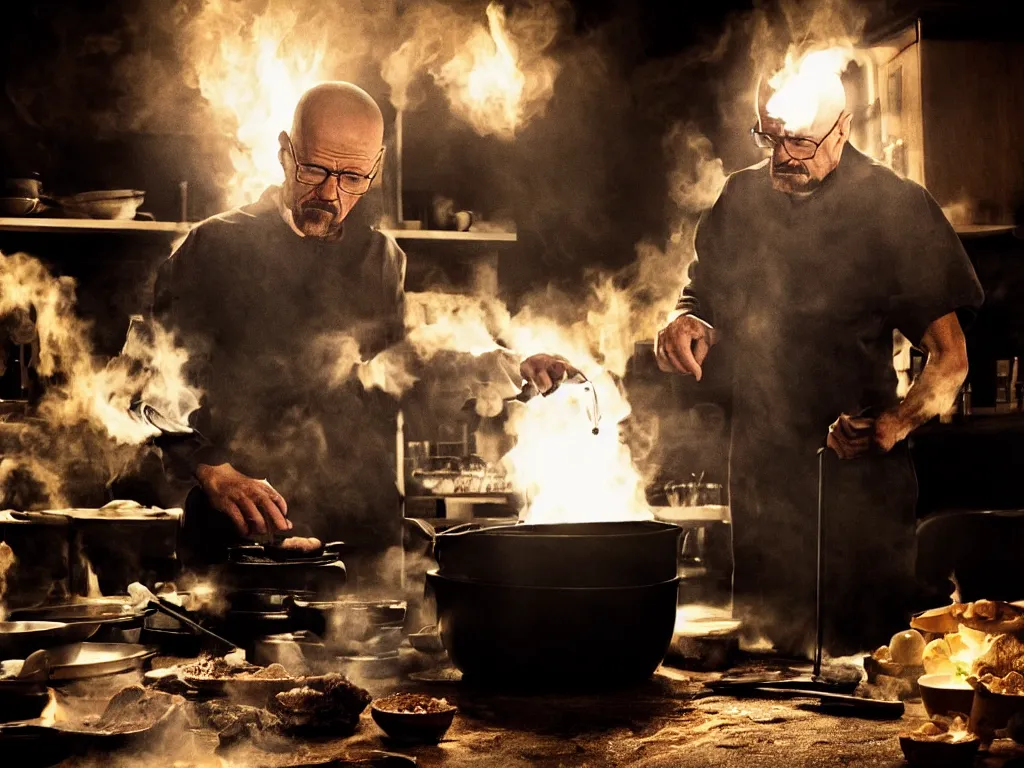 Image similar to walter white cooking eggs in a saucepan. He is looking worried. The stove is on fire. dramatic lighting, movie poster