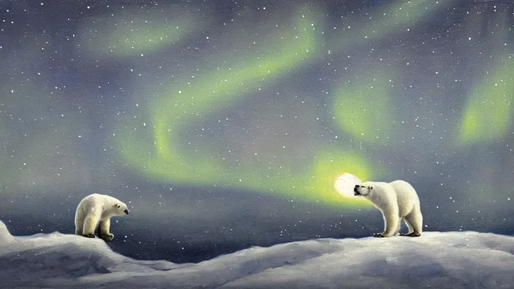 Image similar to an oil painting of a close - up polar bear traversing a snowy landscape at night, the northern lights and the moon are visible