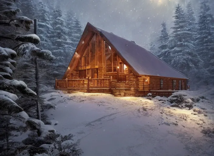 Image similar to a cabin on a mountain overlooking a snowy landscape. Atmospheric lighting, romantic, cold lighting, snowy. By Makoto Shinkai, Stanley Artgerm Lau, WLOP, Rossdraws, James Jean, Andrei Riabovitchev, Marc Simonetti, krenz cushart, Sakimichan, D&D trending on ArtStation, digital art.