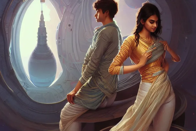 Image similar to Sensual good looking pale young Indian doctors wearing jeans in a space elevator above Earth, portrait, elegant, intricate, digital painting, artstation, concept art, smooth, sharp focus, illustration, art by artgerm and greg rutkowski and alphonse mucha