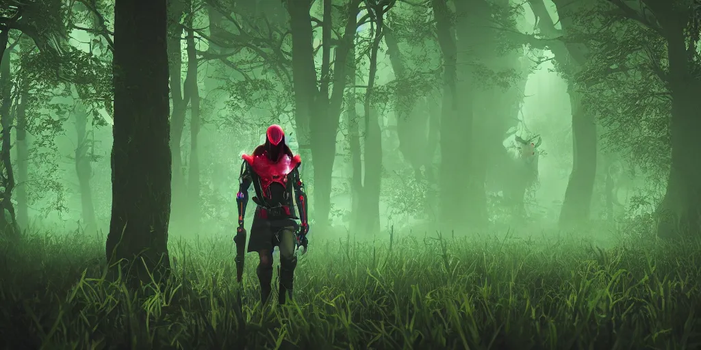 Image similar to inside of lush summer green landscape a strange gamekeeper wearing a steampunk and cyberpunk mechanical fluorescent mystical animal mask and red hood. walking in the misty dangerous swamp. in style of fornite game. night fog, beautiful render, octane render