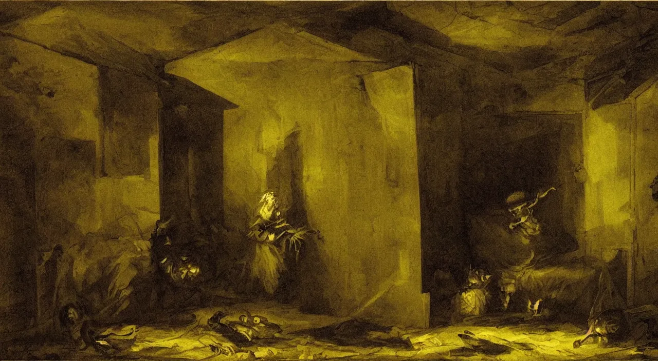 Prompt: a scary room in an abandoned hotel positioned in an old dark forest, night, scary, creepy, by Francisco de Goya