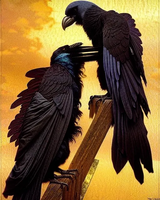 Image similar to two fighting ravens, emotionally evoking symbolic metaphors, fantasy, ornamental, intricate, elegant, highly detailed digital painting, artstation, concept art, painterly, golden ratio, sharp focus, illustration, art by John William Godward and Alphonse Mucha and Zdzisław Beksiński,