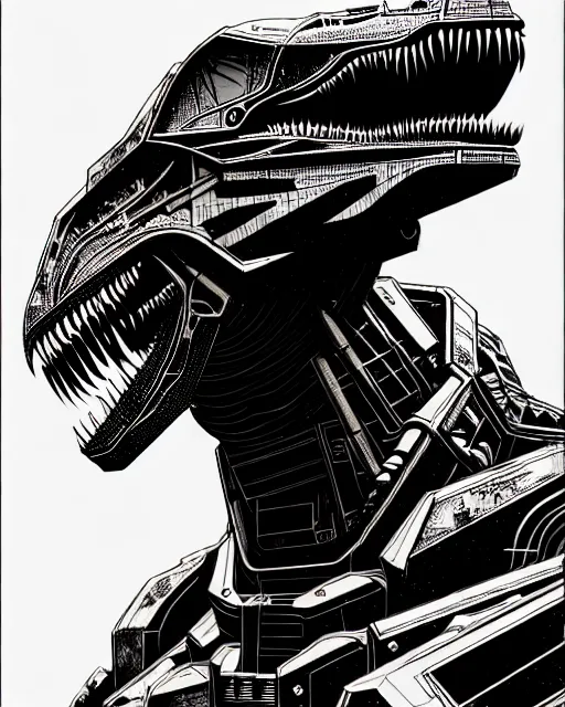 Image similar to a fierce mech cyborg t - rex dinosaur, transformer, high details, symmetry, bold line art, by vincent di fate and joe fenton, inking, etching, screen print, masterpiece, trending on artstation, sharp, high contrast, hyper - detailed,, hd, 4 k, 8 k