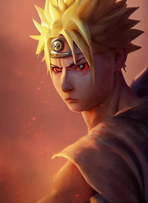 Image similar to ( ( ( hyperrealist cg an epic fantasy comic book style portrait painting of a naruto ) ) ) by daniel f. gerhartz and matt stewart, dramatic pose, fantasy, photorealistic, octane render, unreal engine, dynamic lighting, perfect factions, very detailed faces, trending on artstation, poster, volumetric lighting, 4 k, award winning