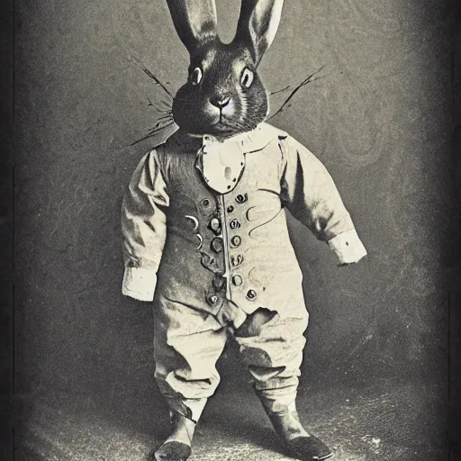 Image similar to a steampunk rabbit, victorian photograph