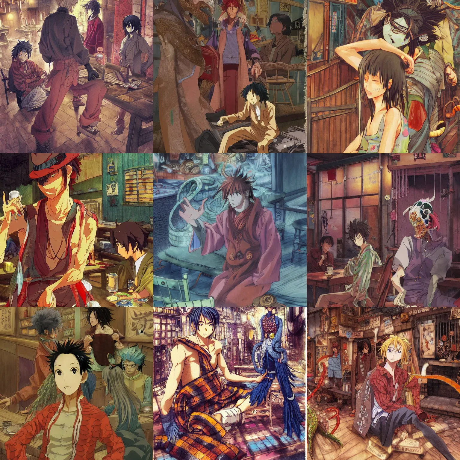 Prompt: an anime about a serpent tailed man wearing raggedy clothes and seated in an old crowded and lively tavern full of fantasy spirits, art by yuji ikehata and satoshi kon, background art by miyazaki, realism, proper human male proportions, fully clothed, vhs