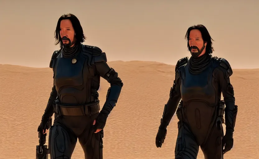 Image similar to Keanu Reeves! in Dune 2021, Cinematic Lighting, Movie Screenshot, Still, 4k, Movie Scene