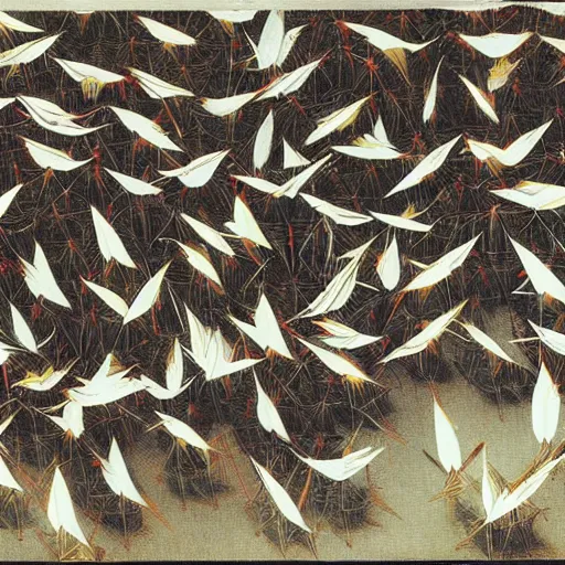 Image similar to a swarm of paper cranes by caravaggio