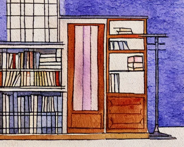 Image similar to small bookstore simple geometric watercolor painting in the style of george barbier