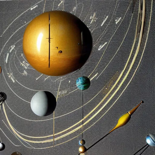 Image similar to a kinetic sculpture of this solar system, sun, orrery, canon 5 d 5 0 mm lens, papier - mache, studio, circa 2 0 1 2