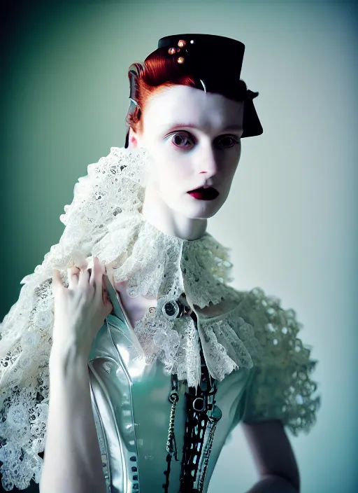 Prompt: kodak portra 4 0 0 photo portrait of a beautiful pale woman in style of tim walker, silver lace pearl steampunk biomechanic beautiful, big monocular, 1 5 0 mm, f 1. 2, volumetric light, coloured gel studio light, gothic fashion intricate pearl embroidered collar, unreal engine 5, 8 k