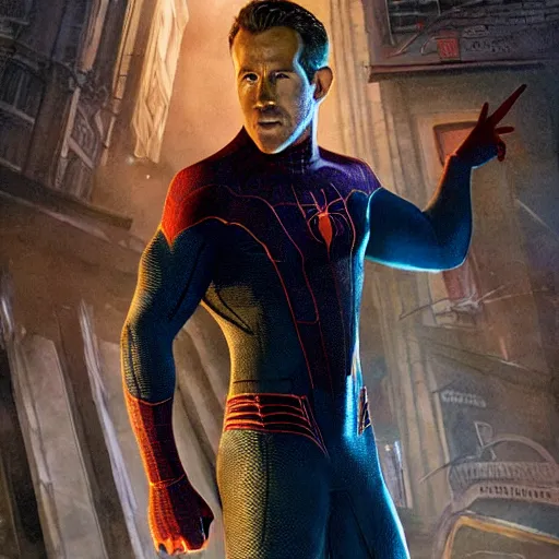 Image similar to ryan reynolds as spider - man, wearing a black and blue suit, cinematic, volumetric lighting, f 8 aperture, cinematic eastman 5 3 8 4 film, photorealistic by greg rutkowski, by stanley artgerm, by alphonse mucha