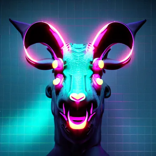 Prompt: synthwave demonic cyborg goat face with neon horns, detailed face, sharp focus, synthwave art, aesthetic, octane render, raw, cinematic