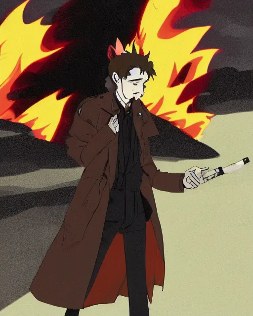 Image similar to a fox in a black trench - coat, smoking a cigarette in front of a huge explosion in the middle of a war, style of anime