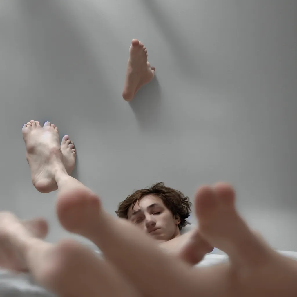 Prompt: close - up on an air - conditioning with a blurred background of the feet of a teenager lying in a bed in a white room and a window overlooking a garden of orange trees, blurred, depth of field, unframed, by gerhard richter and nadav kander, 8 k hyper realistic detailed cinematic still